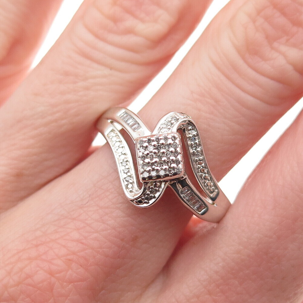 Sun 925 Sterling Silver Real Round & Emerald-Cut Diamond Ring Size 10